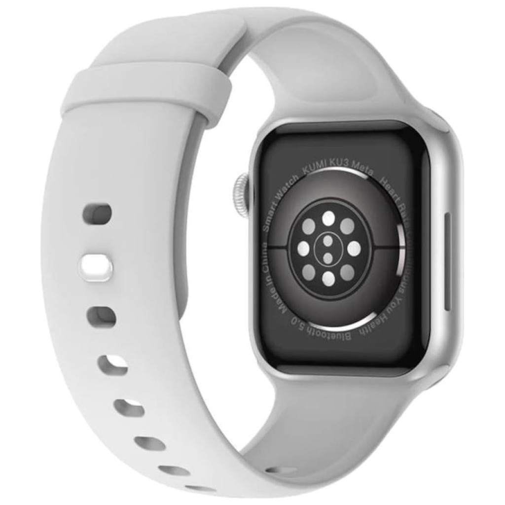Kumi KU3 Meta Plata Smartwatch desprecintado con correa de silicona blanca, caja plateada y sensores traseros de frecuencia cardíaca y carga magnética