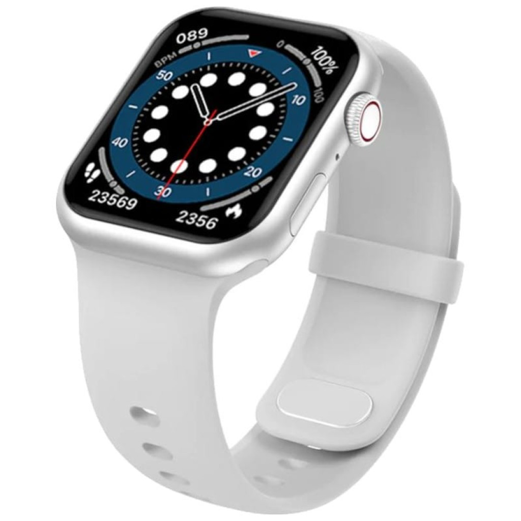 Kumi KU3 Meta Plata Smartwatch desprecintado con caja plateada, pantalla rectangular a color y correa de silicona blanca ajustable