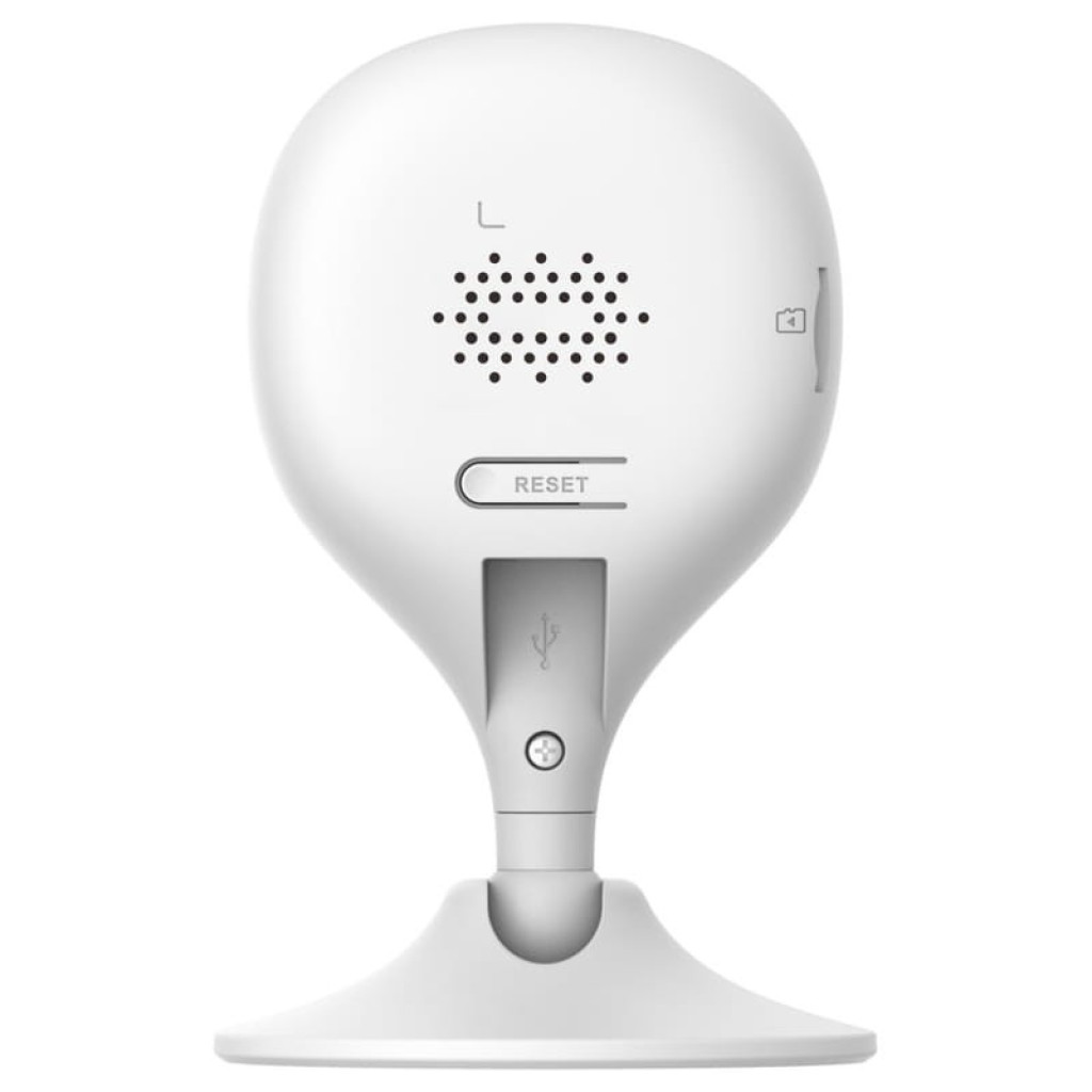 Cámara de Seguridad IMOU Cue 2e 2MP 1080p blanca, vista trasera con altavoz, botón RESET, puerto microUSB y soporte de base estable. Desprecintado