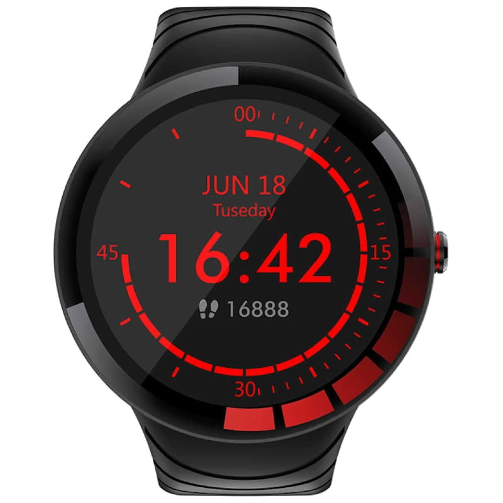 Kumi GT2 Smartwatch desprecintado con pantalla circular negra, interfaz roja, conteo de pasos, correa de silicona negra y botón lateral en color rojo