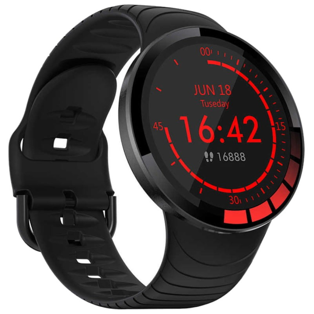 Kumi GT2 Smartwatch desprecintado con pantalla circular negra y roja, correa de silicona negra, monitor de pasos, fecha y hora grandes en esfera deportiva