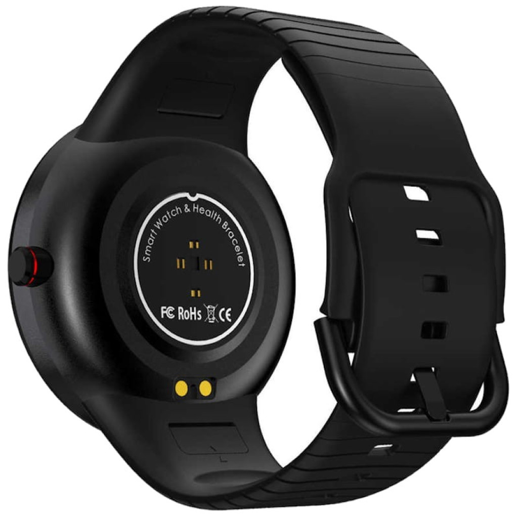 Kumi GT2 Smartwatch Reloj inteligente Desprecintado con correa negra de silicona, hebilla clásica y sensores traseros de salud con pines de carga magnéticos