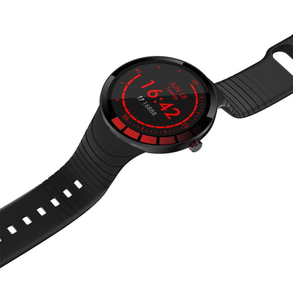 Kumi GT2 Smartwatch desprecintado con pantalla circular negra, esfera digital roja, correa de silicona negra ajustable y botón lateral discreto