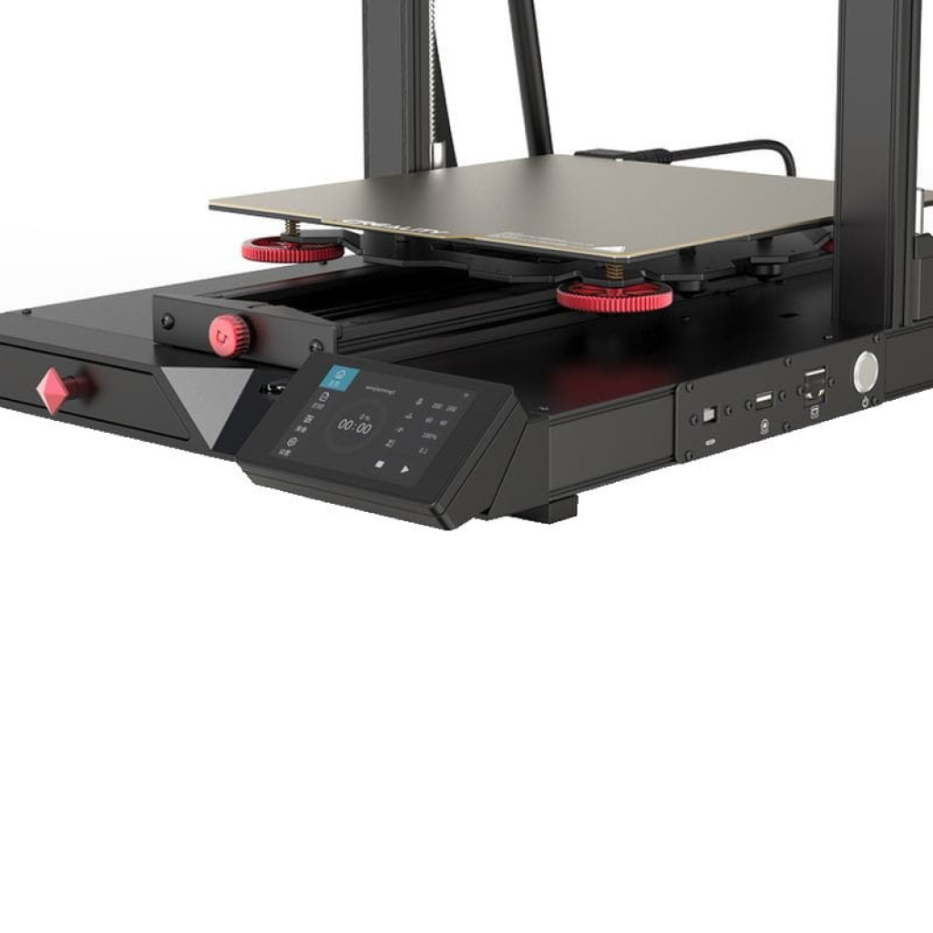 Imprimante 3D Creality CR-10 Smart Pro déballée, plateau chauffant doré, molette rouge, châssis métal, écran tactile incliné, ports et boutons latéraux