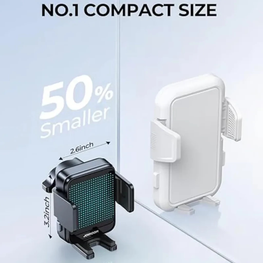 Joyroom JR-ZS341 15W - Support voiture compact, pinces latérales, face perforée à LEDs vertes, format 3.2 x 2.6 pouces, design noir moderne