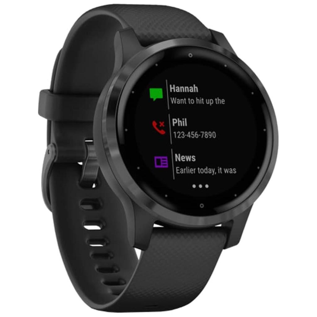 Garmin Vivoactive 4s preto 40 mm com caixa e correa pretas, ecrã circular touch, notificações no visor e fecho clássico; estado desprecintado
