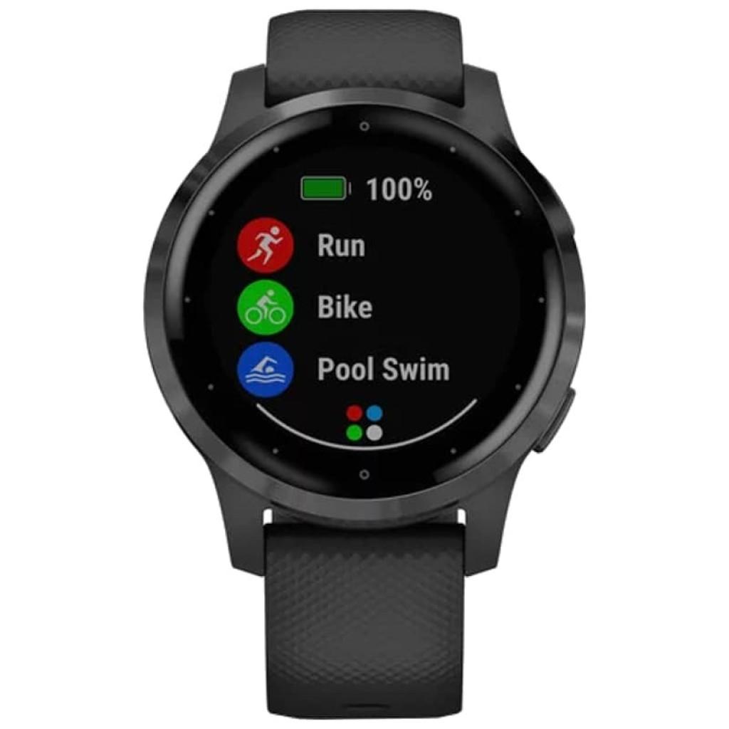 Garmin Vivoactive 4s preto 40mm com pulseira preta, tela circular com ícones de Run, Bike e Pool Swim, indicador de bateria 100% e acabamento esportivo