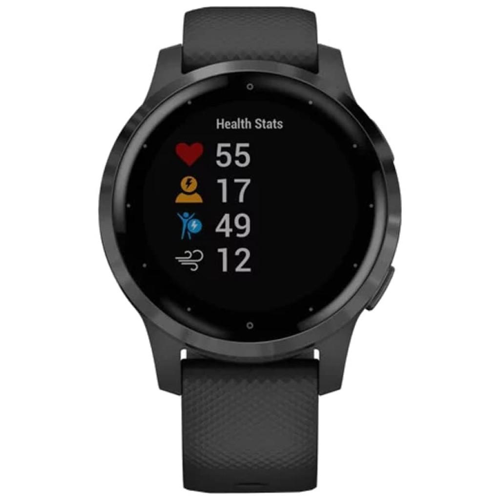 Garmin Vivoactive 4s preto 40 mm com correia preta; mostrador circular em metal escuro, ecrã a cores com estatísticas de saúde e acabamento desprecintado