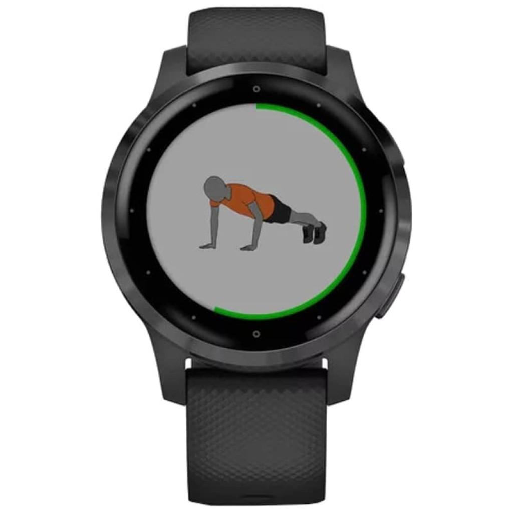Garmin Vivoactive 4s preto 40mm com pulseira preta; visor redondo com treino animado na tela e moldura escura; smartwatch desprecintado