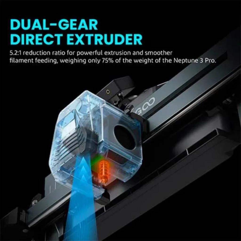 Elegoo Neptune 4 Pro Noir – Extrudeur direct bi-engrenages 5,2:1, boîtier translucide, alimentation de filament fluide et précise, tête éclairée bleue