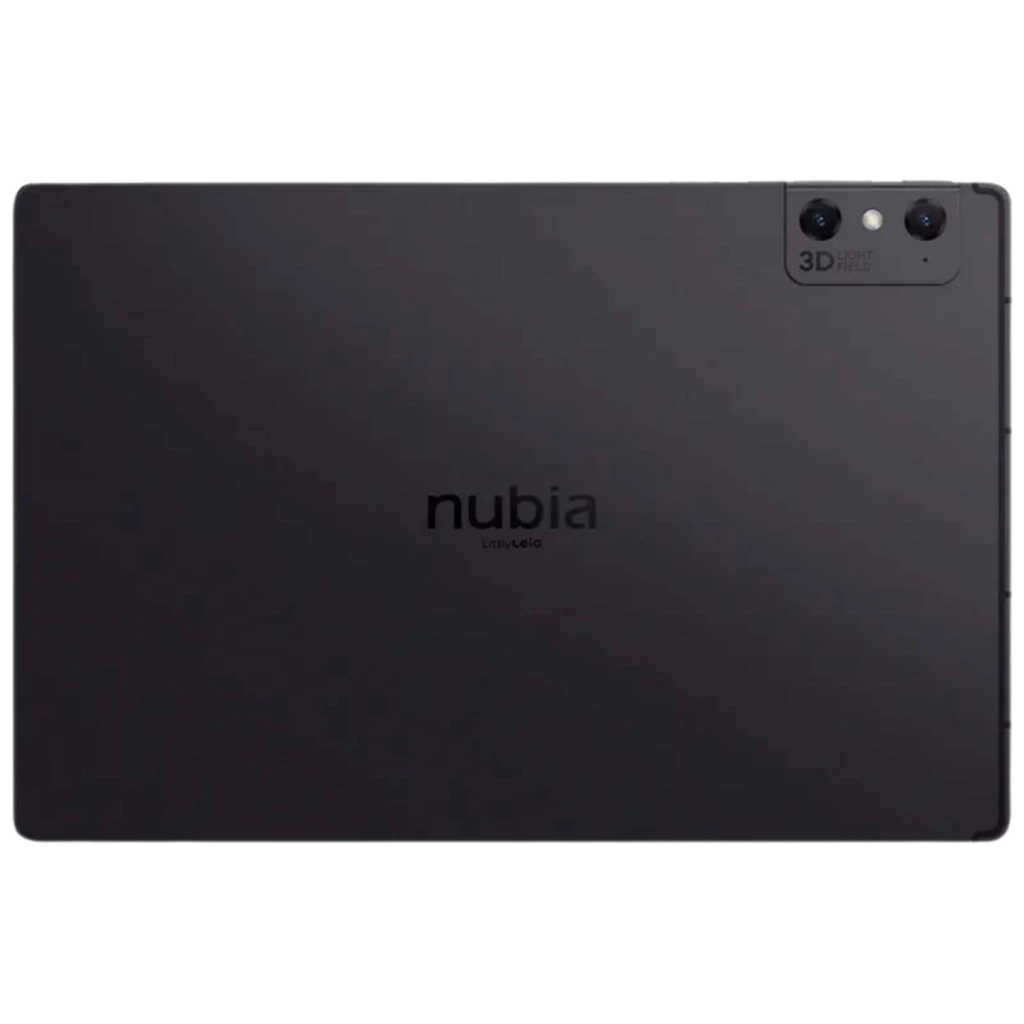 Tableta Nubia Pad 3D 12.4 pulgadas en negro, carcasa metálica mate, módulo dual de cámara trasera con logo 3D, bordes rectos y acabado minimalista