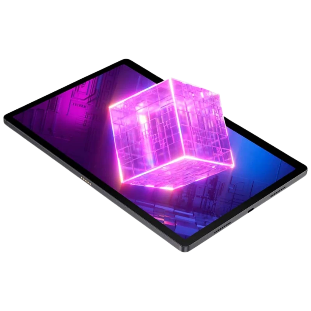 Nubia Pad 3D 12.4 pulg con pantalla amplia sin marcos notables, cubo 3D flotante brillante en tonos púrpura y rosa, diseño delgado y moderno