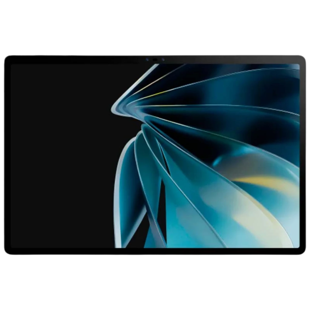 Nubia Pad 3D 12.4 con pantalla amplia sin marcos gruesos, borde negro delgado, cámara frontal centrada y fondo abstracto azul con efecto 3D brillante