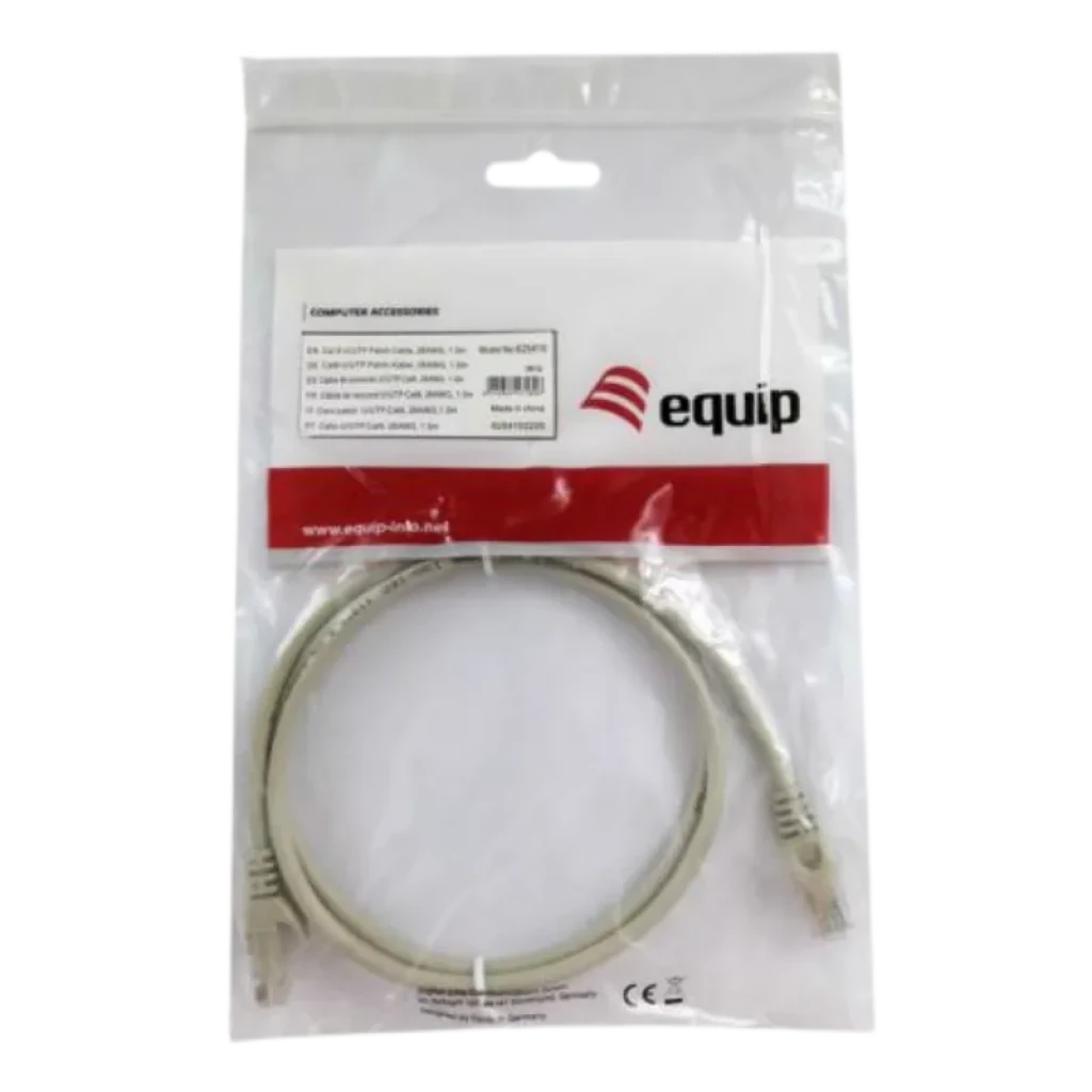 Cable Ethernet Equip 625414 Cat.6 U/UTP 5 m, color gris, con conectores RJ45, presentado en bolsa transparente con etiqueta de la marca y especificaciones.