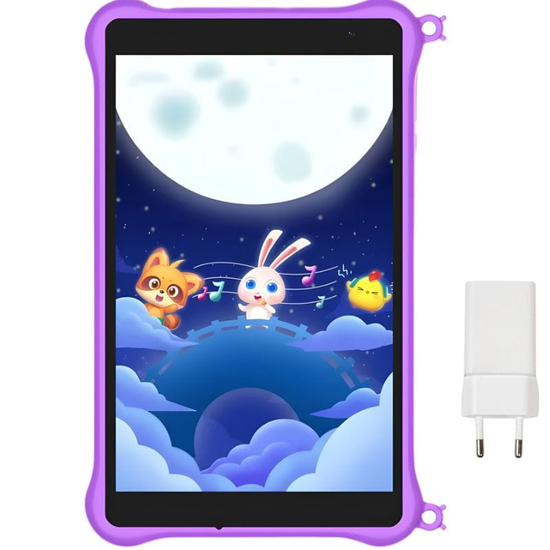 Tablet infantil Blackview Tab 50 Kids lila con funda protectora morada, pantalla con dibujos animados y cargador de pared incluido.