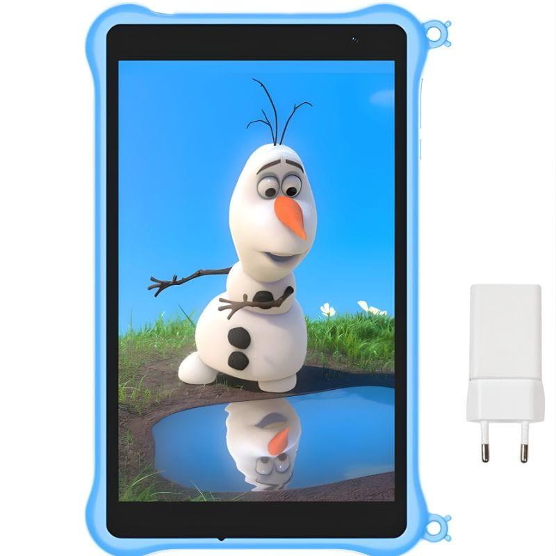 Blackview Tab 50 Kids WiFi 3GB/64GB Azul con funda infantil de silicona azul, pantalla con dibujo animado y cargador blanco incluido.