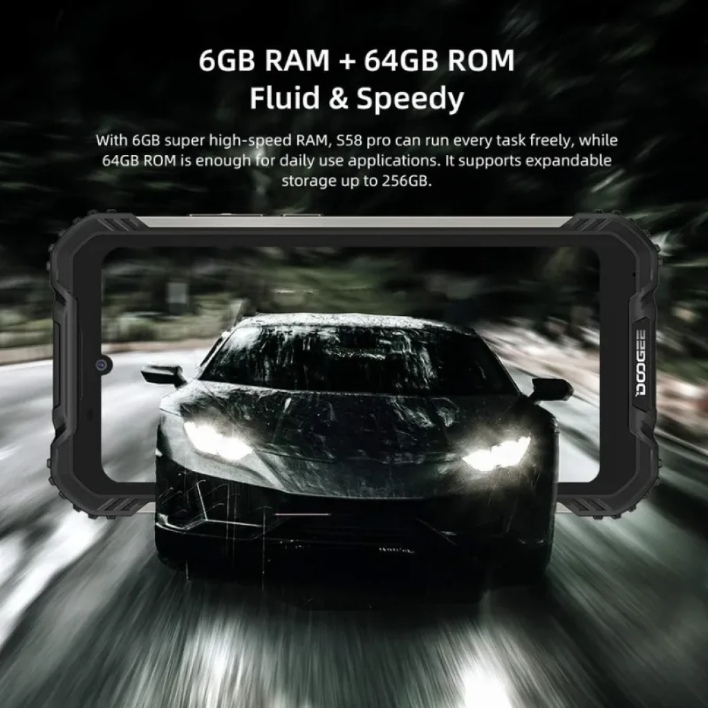 Doogee S58 Pro 6GB/64GB Negro Clase B Reacondicionado con marco robusto, pantalla con cámara frontal centrada y diseño resistente, imagen de coche bajo lluvia