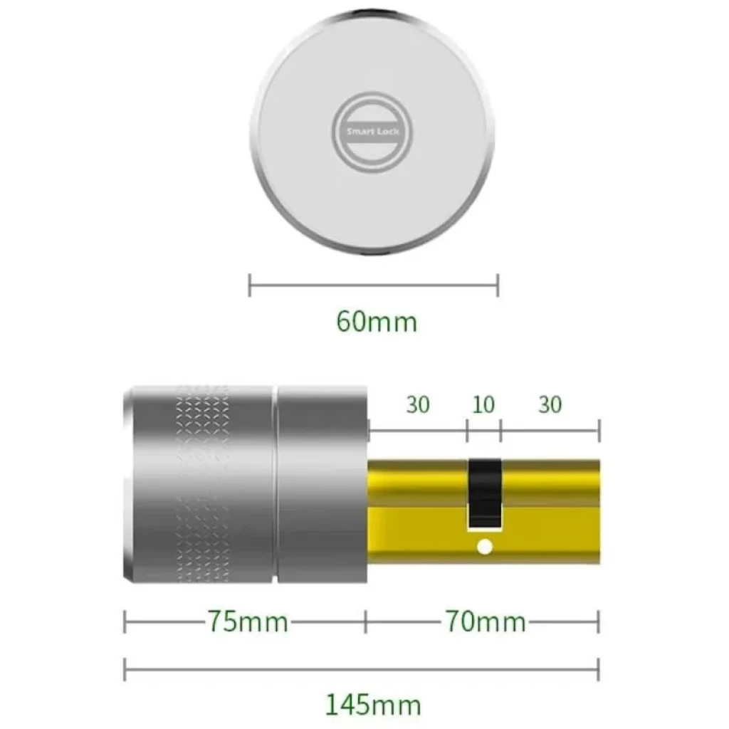Cerradura Electrónica Zemismart M500 Zigbee Desprecintado: cilindro inteligente color dorado y plateado, 145 mm total, pomo 60 mm, cuerpo 75 mm, leva 70 mm