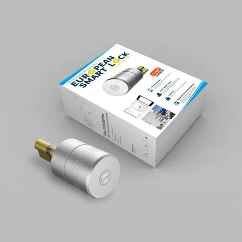 Cerradura electrónica cilíndrica plateada con botón frontal y cuerpo texturizado; incluye caja European Smart Lock y compatibilidad Zigbee M500 desprecintado