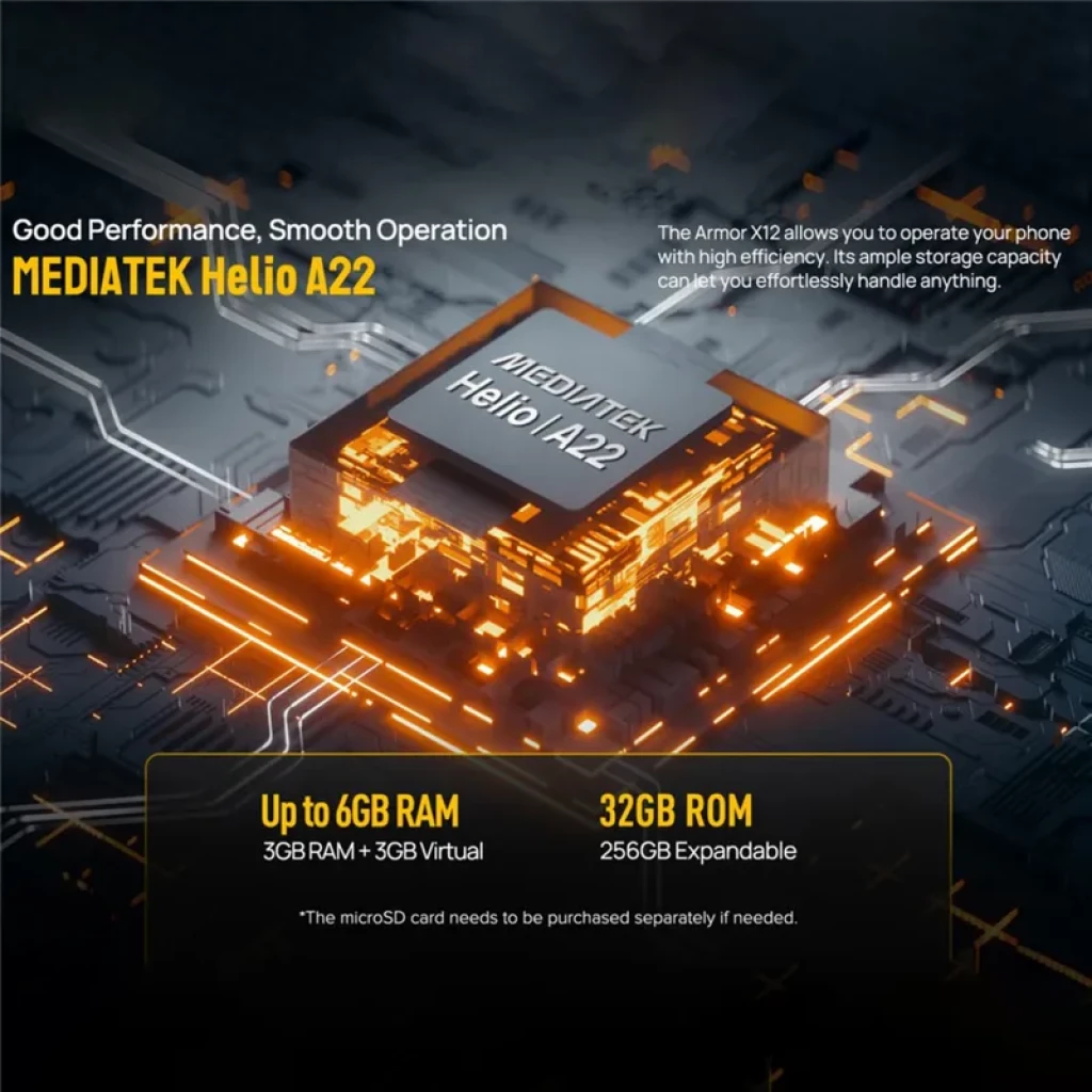 Ulefone Armor X12 3GB/32GB Naranja con chip MediaTek Helio A22, hasta 6GB RAM combinada, 32GB internos y expansión microSD hasta 256GB. Rendimiento fluido.