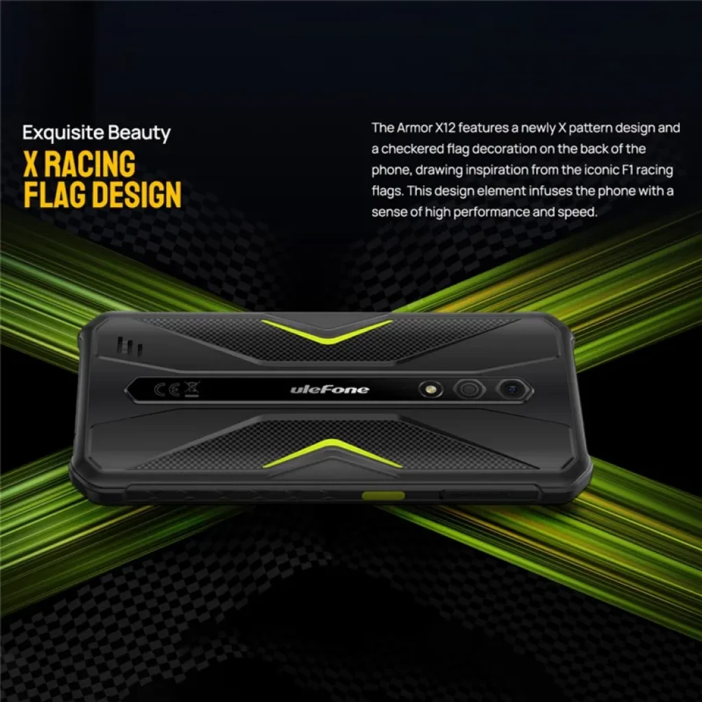 Ulefone Armor X12 3GB/32GB Naranja con diseño X Racing en negro y acentos verdes, textura robusta antideslizante y módulo de cámara centrado horizontalmente