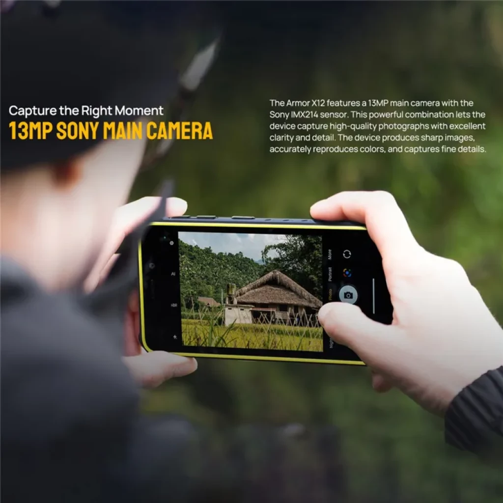 Ulefone Armor X12 3GB/32GB Naranja con cámara principal Sony de 13 MP; cuerpo robusto y borde naranja, pantalla mostrando foto nítida al aire libre