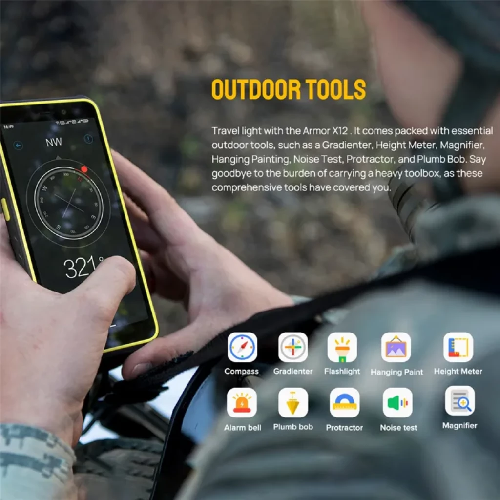 Ulefone Armor X12 3GB/32GB Naranja con marco robusto amarillo, pantalla con brújula y nivel, botones laterales texturizados y cuerpo rugerizado para exteriores