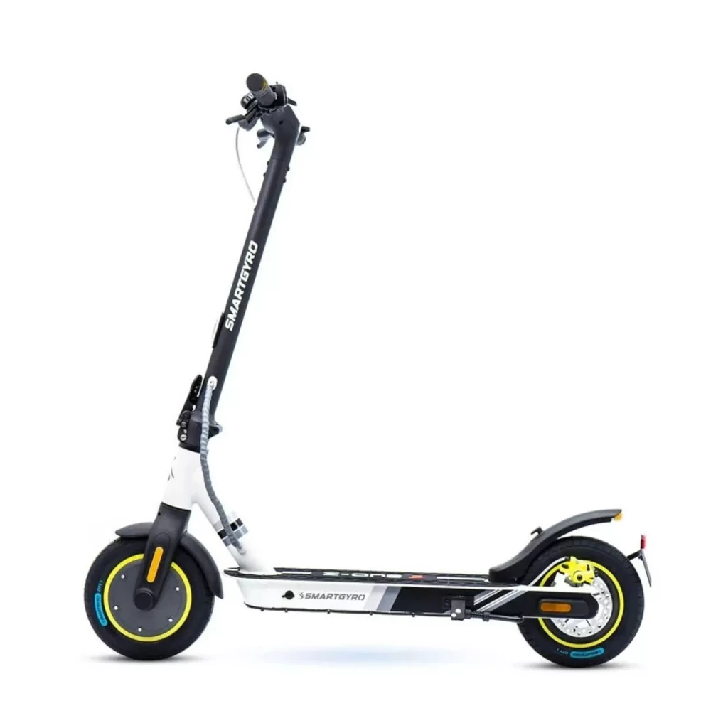 SmartGyro Z-ONE 350W Gris: patinete plegable con chasis bicolor, rueda delantera con aro amarillo, freno trasero de disco amarillo y guardabarros trasero