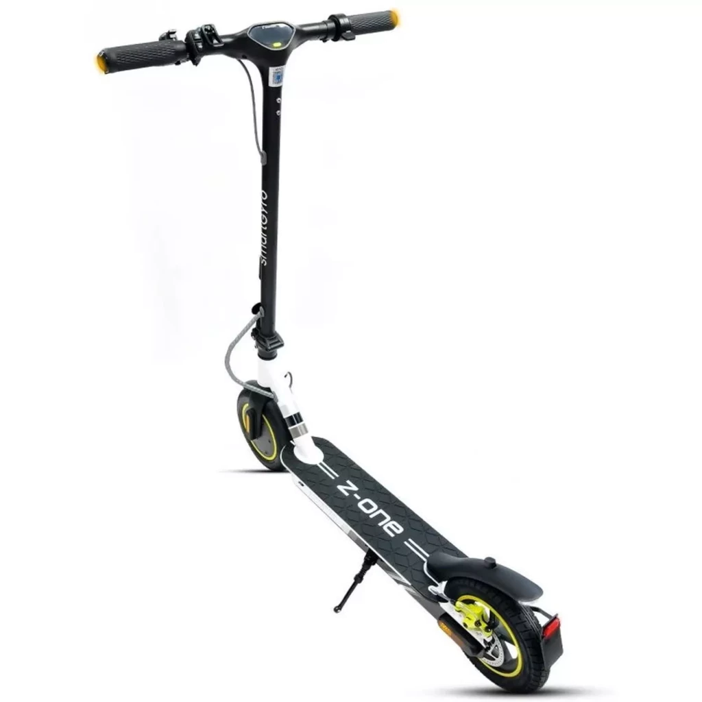 SmartGyro Z-ONE 350W Cinza com guidão ergonômico, deck amplo antideslizante, rodas com aros amarelos, luz traseira e descanso lateral