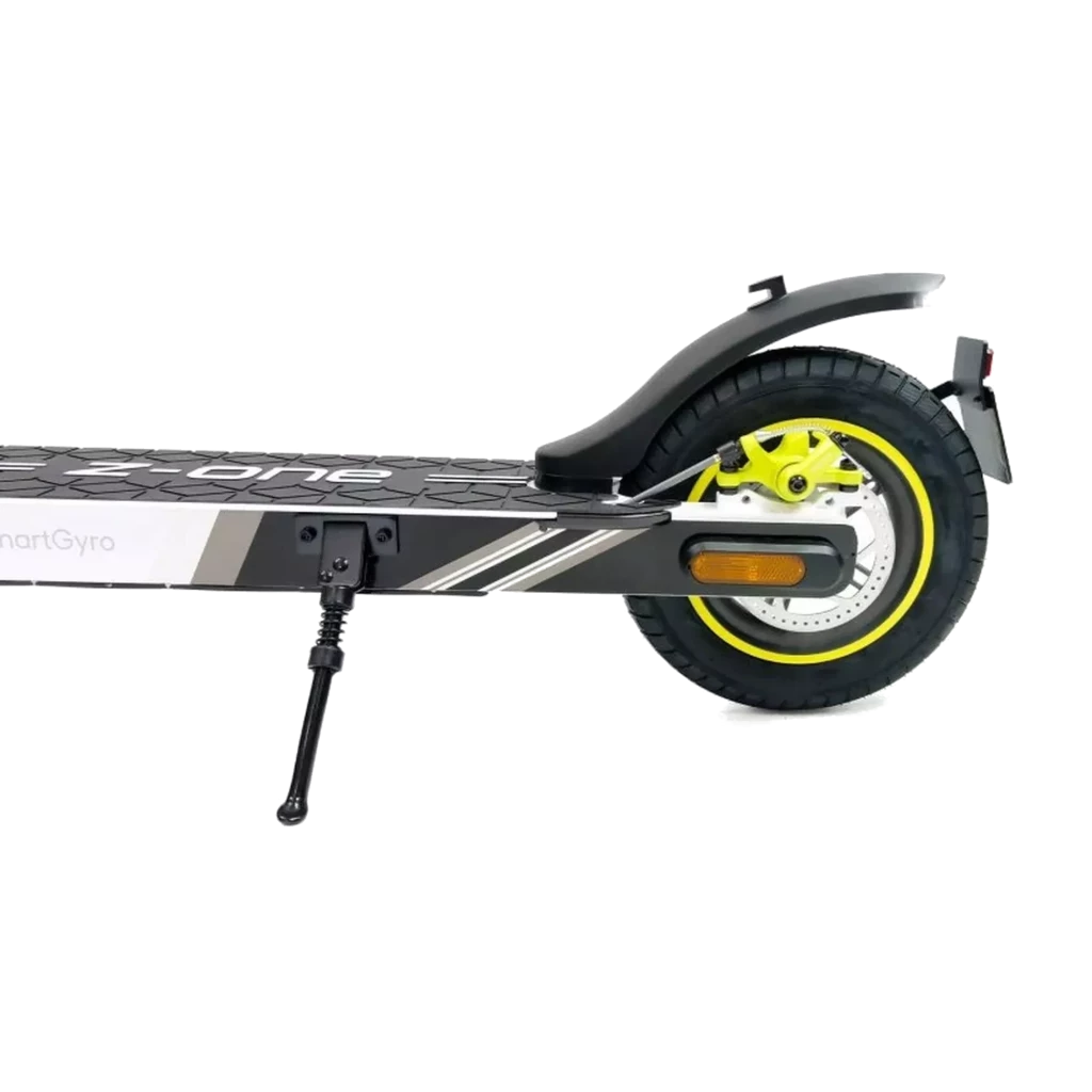 SmartGyro Z-ONE 350W Cinza com roda traseira preta aro amarelo, guarda-lama, refletor lateral âmbar, descanso lateral e deck antiderrapante com grafismos