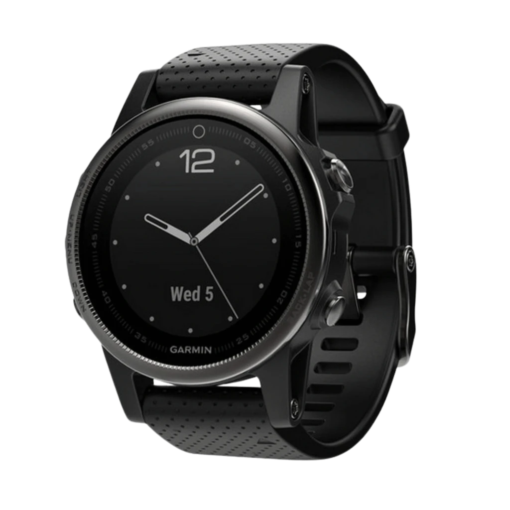 Garmin Fenix 5S Zafiro Negro 42 mm con correa negra perforada, bisel metálico oscuro y pantalla circular minimalista; estado desprecintado
