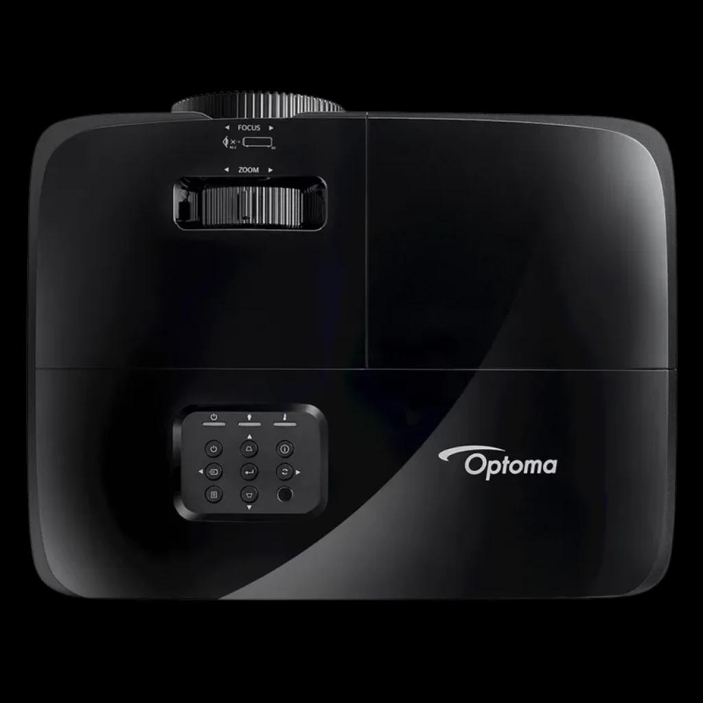 Projetor Optoma W371 3D Preto com acabamento brilhante, botão de foco e zoom superiores, painel numérico frontal e design compacto elegante