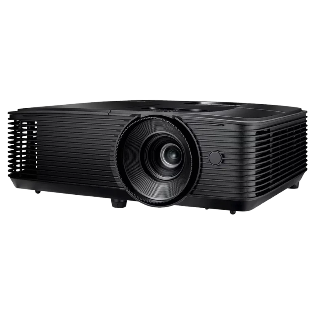 Projetor Optoma W371 3D preto, corpo texturizado, lente grande central, grelhas laterais de ventilação e botões discretos no topo para fácil uso