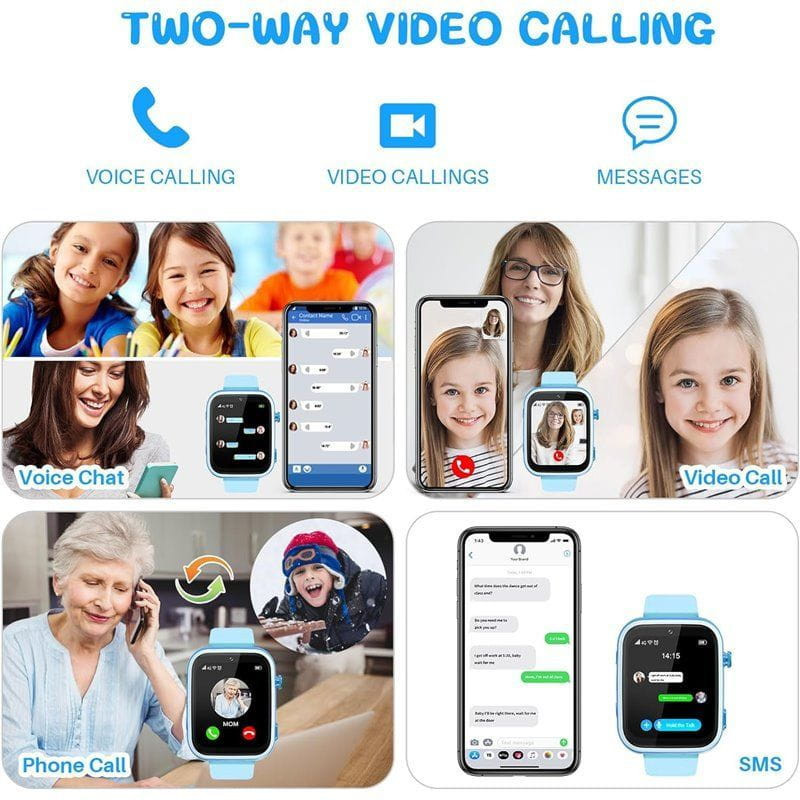 Montre intelligente pour enfants T45 Pro Bleu avec écran couleur, appels vidéo bidirectionnels, chat vocal, SMS et interface simple adaptée aux enfants