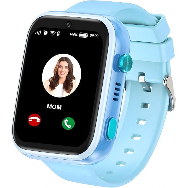 Montre intelligente pour enfants T45 Pro Bleu avec écran couleur, caméra frontale, bouton latéral vert, haut-parleur et bracelet silicone bleu ajustable