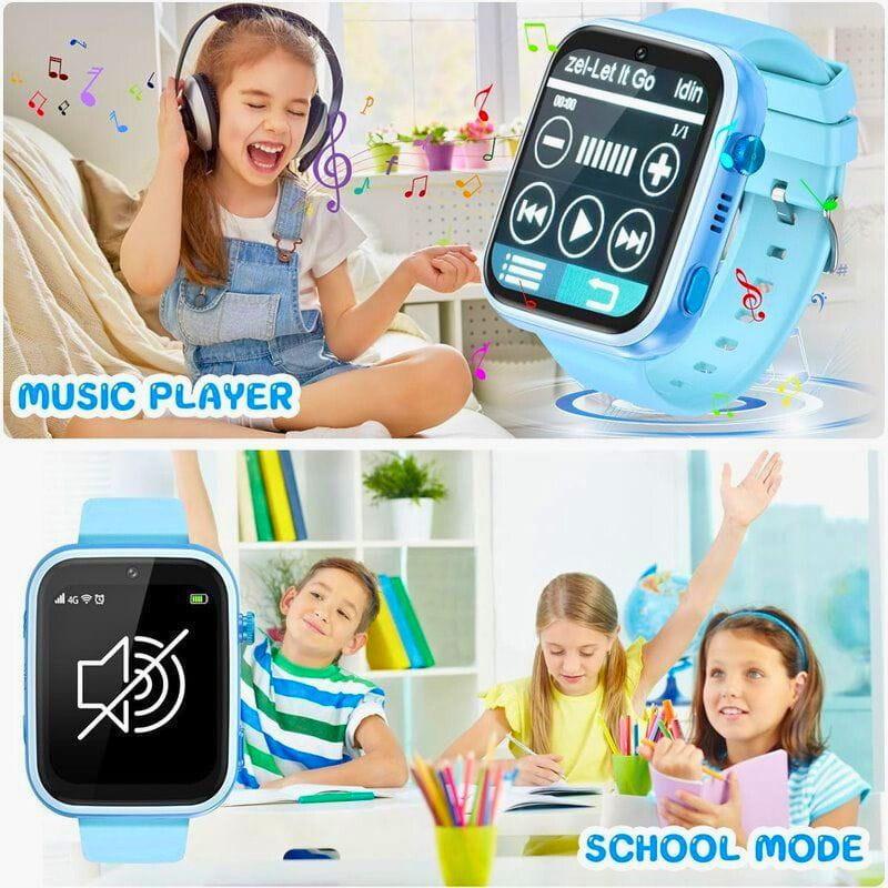 Montre intelligente pour enfants T45 Pro Bleu avec écran tactile couleur, lecteur musique, boutons latéraux, mode école et bracelet bleu ajustable