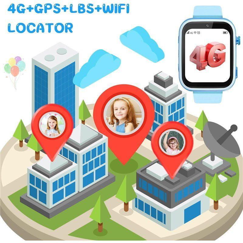 Montre intelligente pour enfants T45 Pro Bleu avec écran couleur, cadran rectangulaire, connectivité 4G, GPS LBS WiFi et repères de localisation urbains