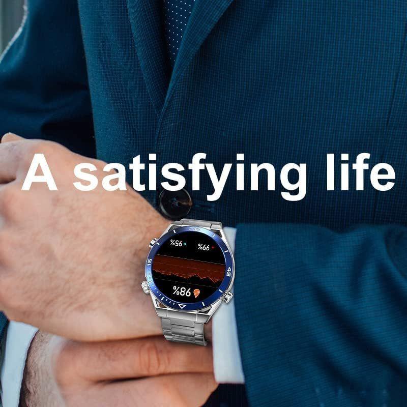 DT NO.1 Ultra Mate Plata con correa metálica plateada, pantalla circular a color, bisel azul, monitor de actividad y salud, diseño elegante y moderno