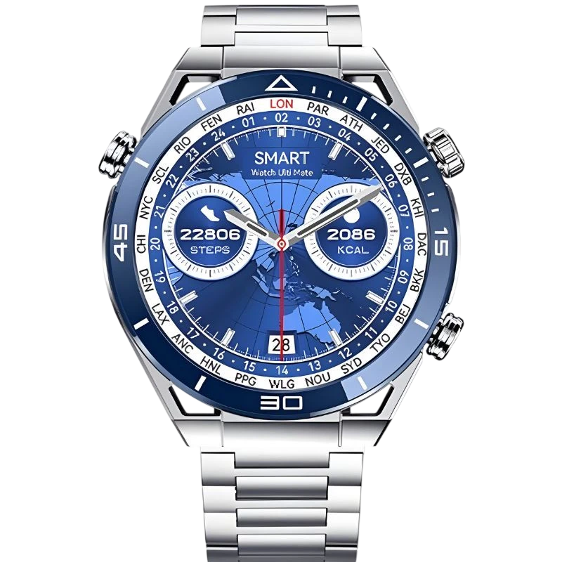 DT NO.1 Ultra Mate Plata con correa metálica plateada, esfera azul con indicadores de pasos y calorías, bisel con ciudades y fecha, diseño elegante y