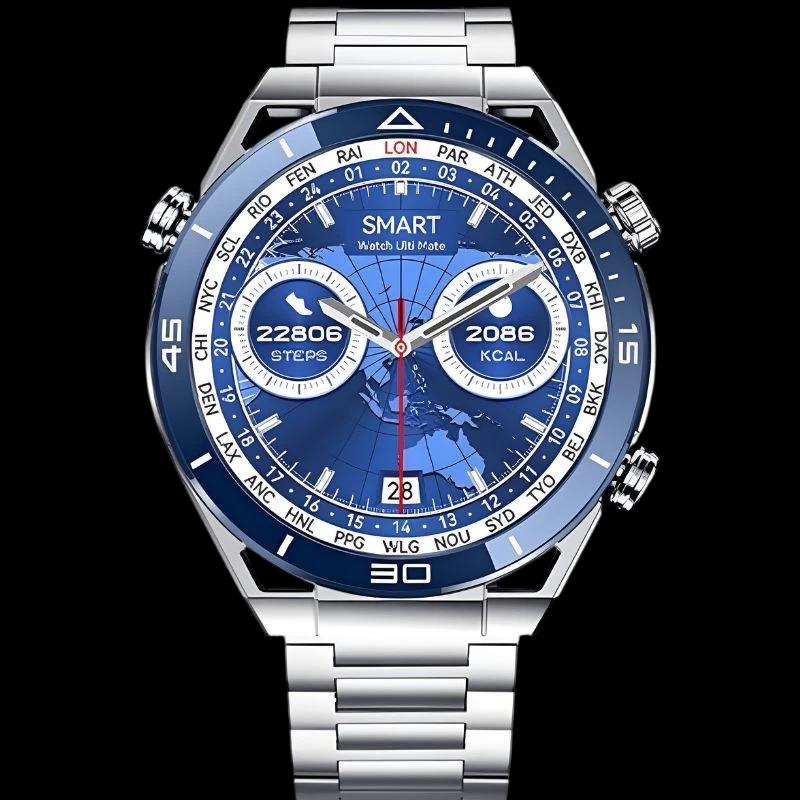 DT NO.1 Ultra Mate Plata con correa metálica plateada, esfera azul con indicadores de pasos y calorías, bisel con ciudades y fecha, diseño elegante y
