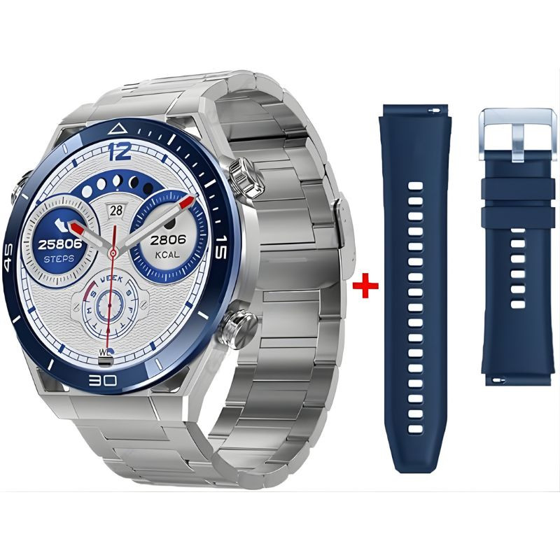 DT NO.1 Ultra Mate Plata con correa metálica plateada y bisel azul, pantalla redonda con esferas deportivas; incluye correa adicional de silicona azul