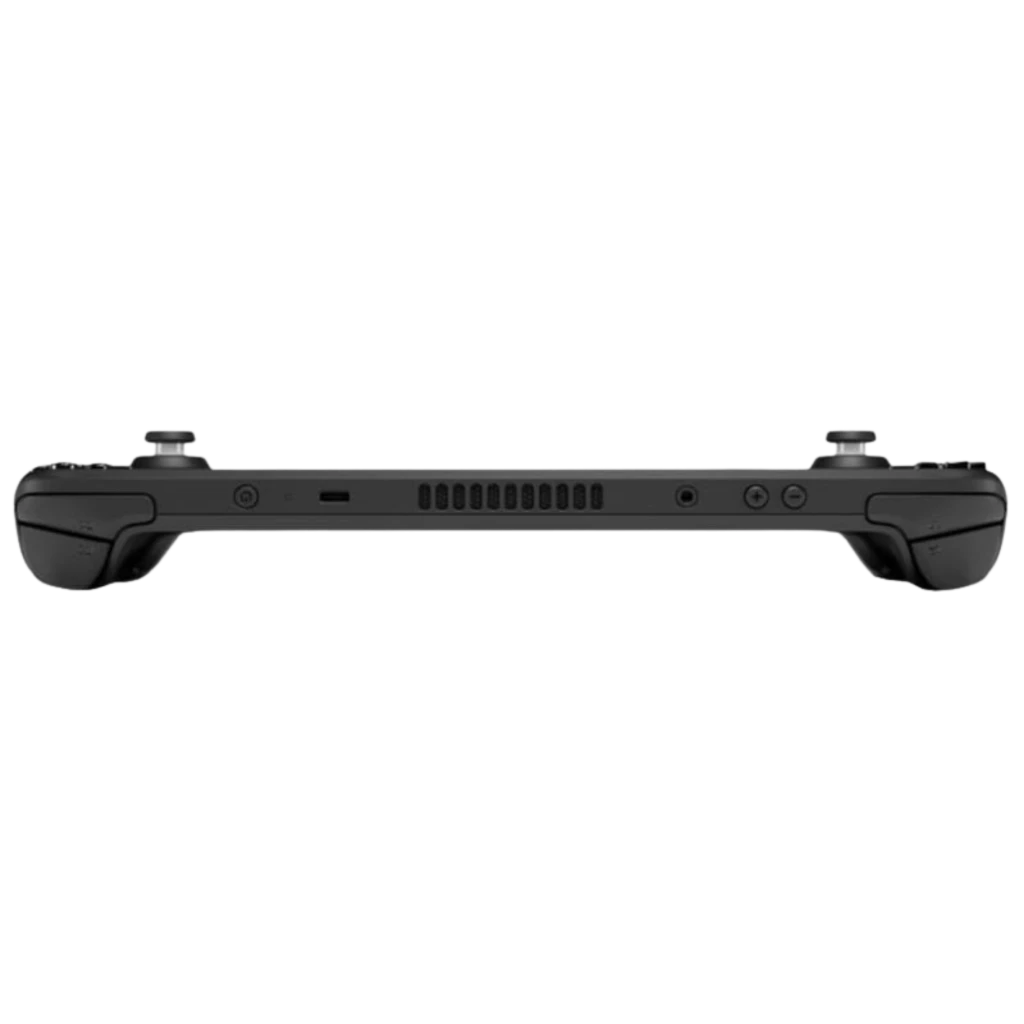 Steam Deck OLED 1TB NVMe Negro, vista superior del borde: gatillos ergonómicos, puerto USB-C, rejilla de ventilación central, jack 3.5 mm y botones laterales