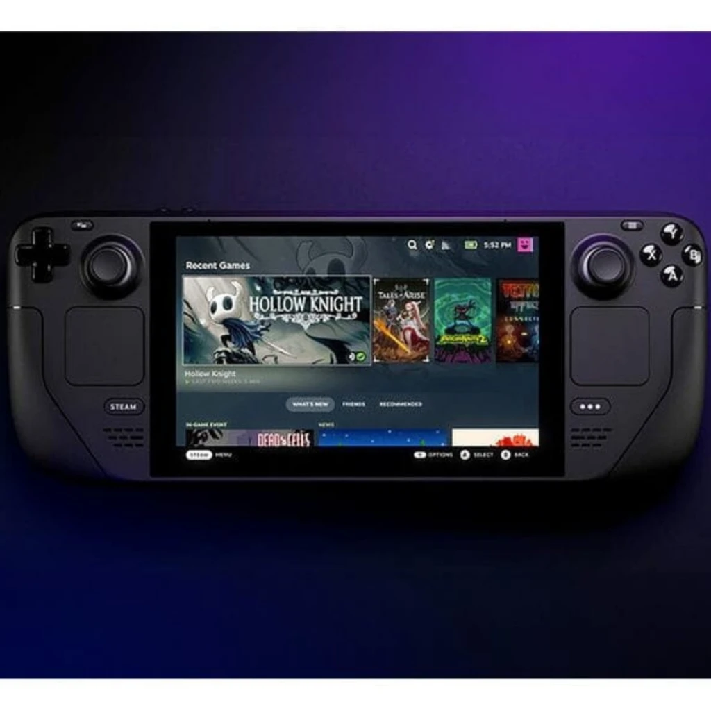 Steam Deck OLED 1TB NVMe Negro con pantalla OLED vibrante, controles integrados, joysticks duales, trackpads y botones frontales en carcasa negra portátil