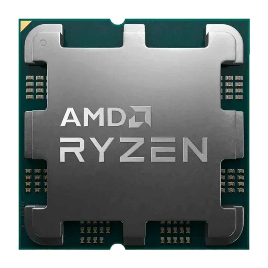 Procesador AMD Ryzen 5 7600 3,8 GHz BOX, chip cuadrado con carcasa metálica plateada y texto AMD Ryzen, sustrato verde y contactos dorados expuestos
