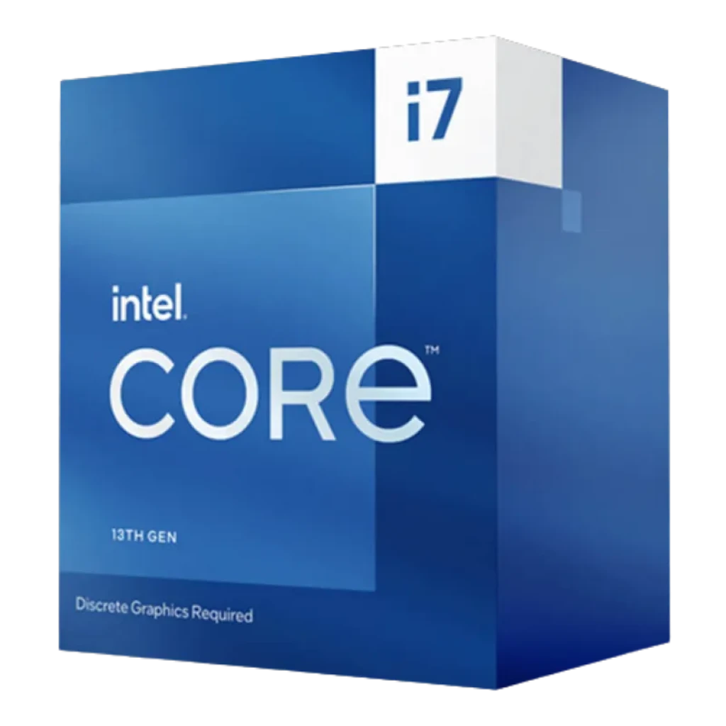 Boîte Intel Core i7 13e génération, design bleu avec logo i7 en haut, mention Discrete Graphics Required, modèle i7-13700F 5,20 GHz visible sur