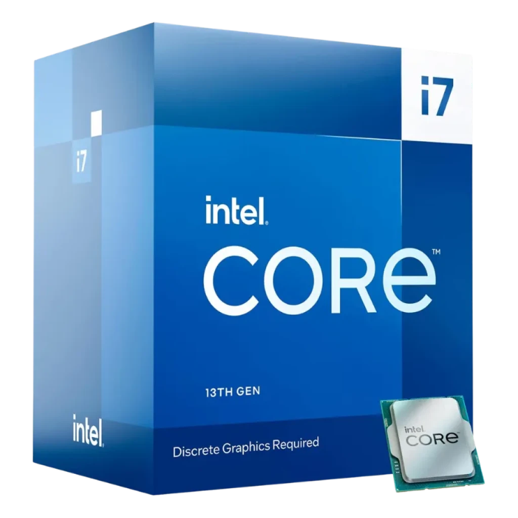 Boîte bleue Intel Core i7 13e génération avec logo i7, mention Discrete Graphics Required, processeur visible à côté affichant le marquage Intel Core