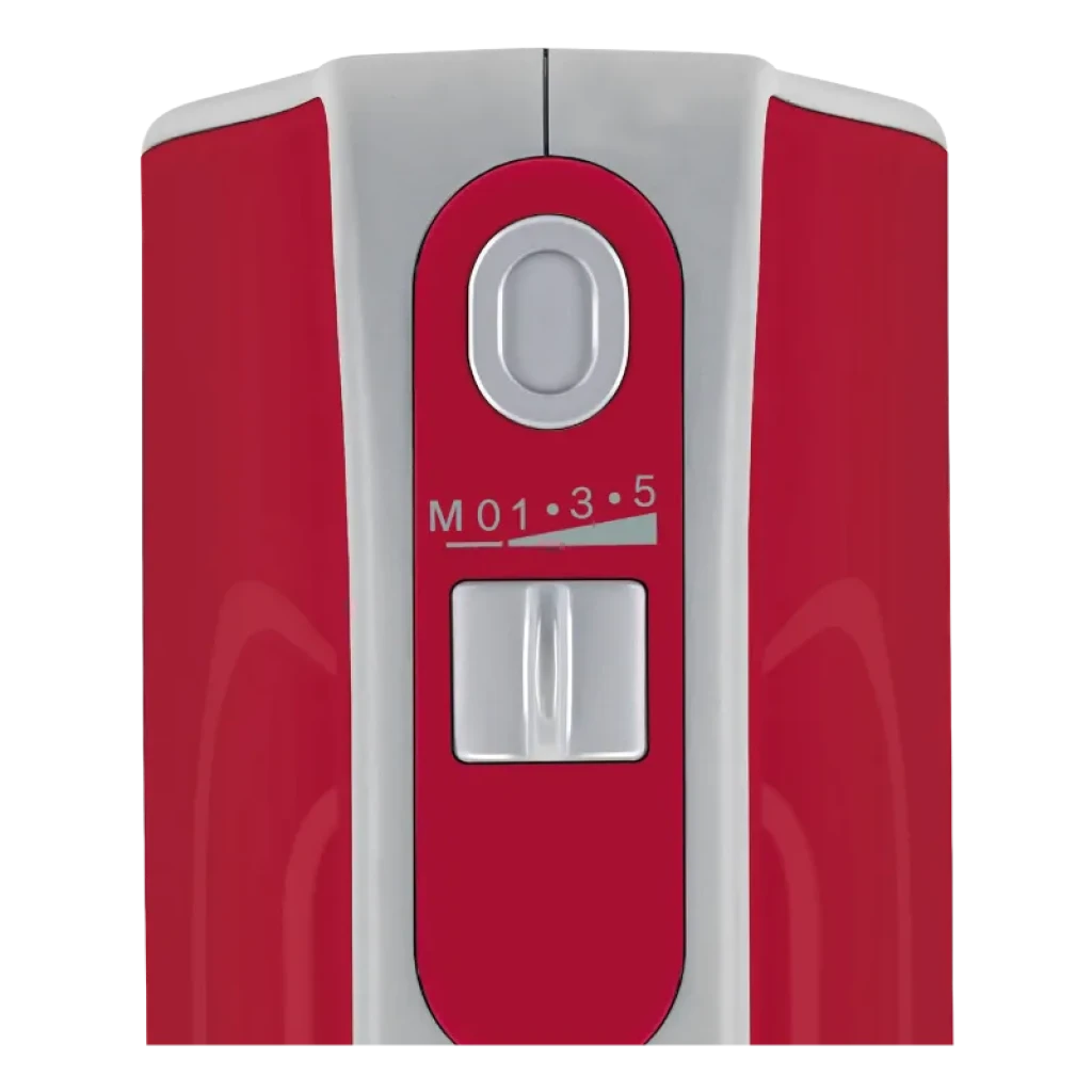 Bosch MFQ40303 500 W Rojo batidora amasadora con panel frontal rojo y gris, botón superior y deslizador de velocidades M 0 1 3 5 claramente marcados