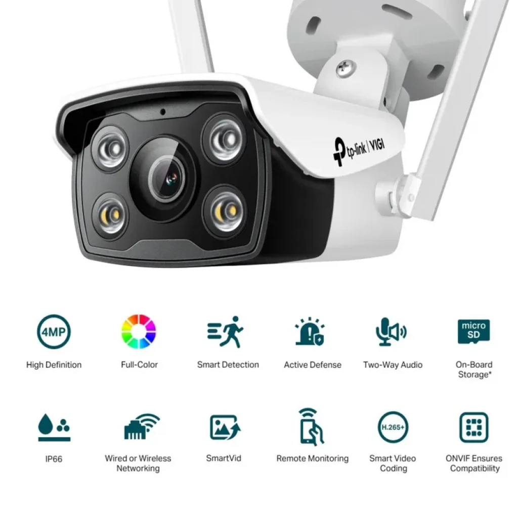 Cámara de Seguridad IP TP-Link VIGI C340-W WiFi blanca 4MP para techo o pared con lente central, cuatro focos LED, micrófono integrado y carcasa resistente