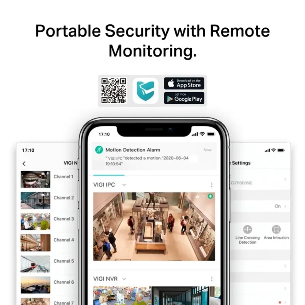 Interfaz móvil VIGI mostrando alertas de detección de movimiento, vistas en vivo y grabaciones; compatibilidad iOS y Android con QR para emparejar