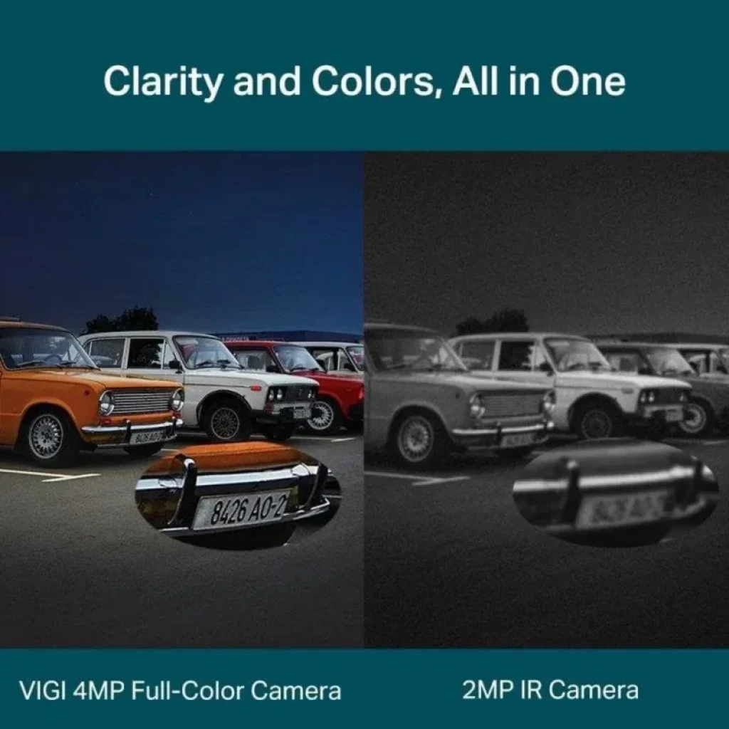 Comparativa de cámaras: VIGI 4MP a color muestra autos y placa nítida de noche; 2MP IR en gris con menor detalle. Destaca claridad y colores en baja luz